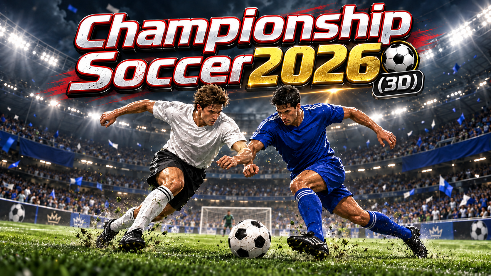 Championship Soccer 2026 (3D) title artwork with two football players in a stadium